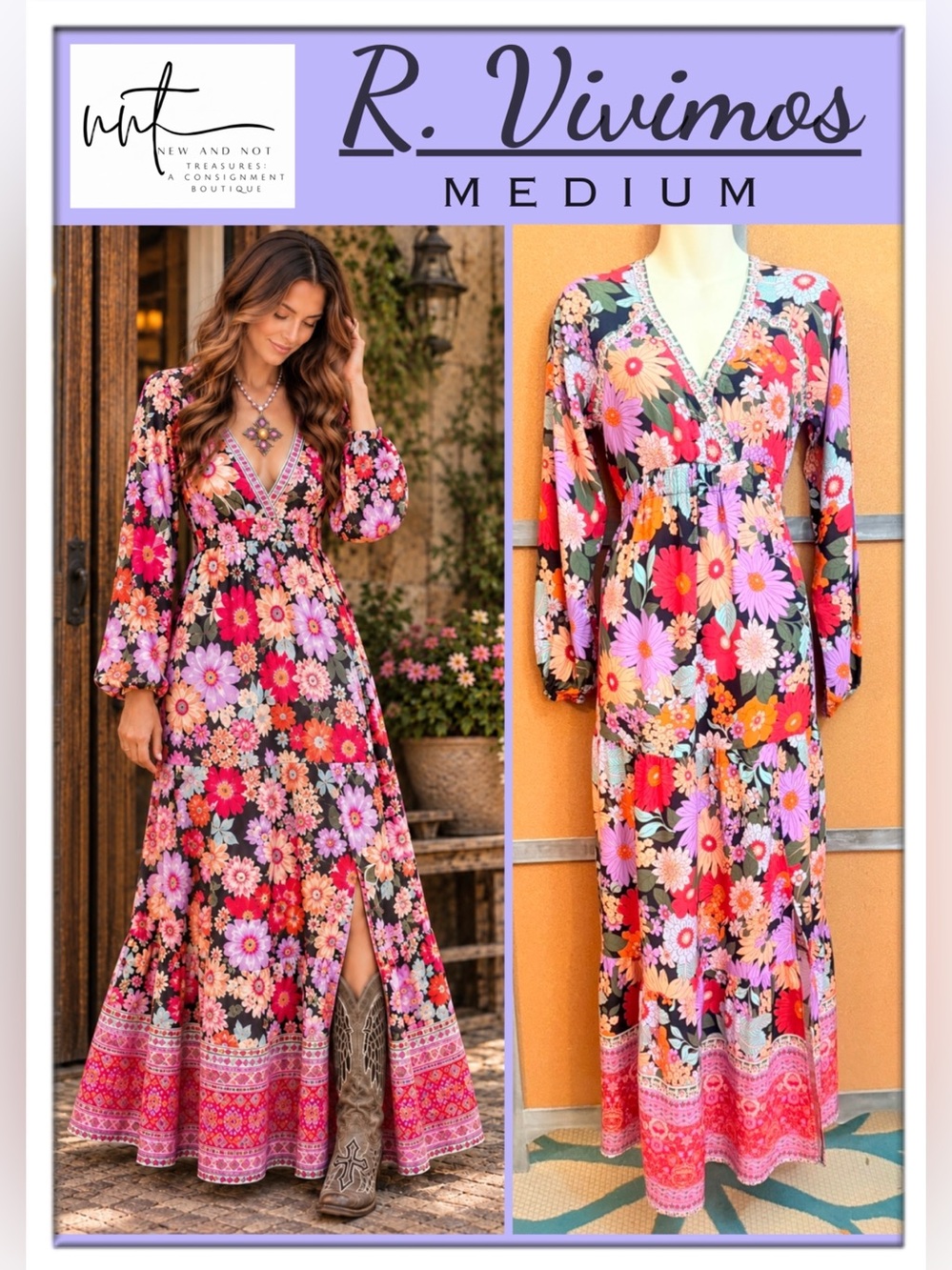R. Vivimos Floral Boho Maxi Dress Medium 8/10 Empire Waist Long Sleeve Fall